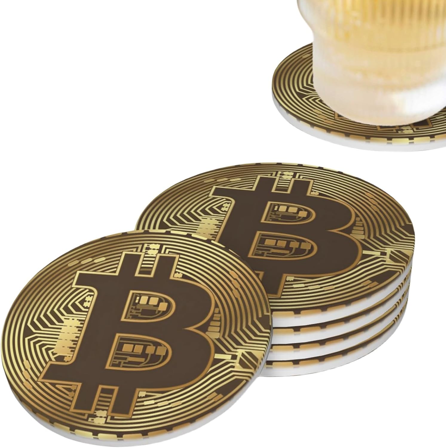 Bitcoin BTC Crypto Currency Coasters for Drinks Set of 4, Absorbent Ceramic Drink Coasters for Coffee Table Wooden Table Cup Bar, 4 Inches